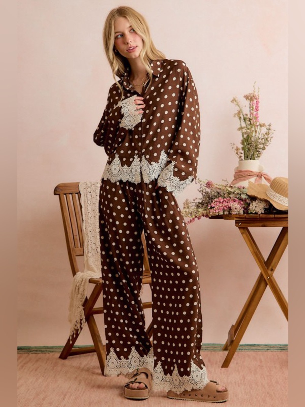 E95. POLKA DOT WOVEN CROCHET LACE HEM
BUTTON SHIRT AND PANTS SET